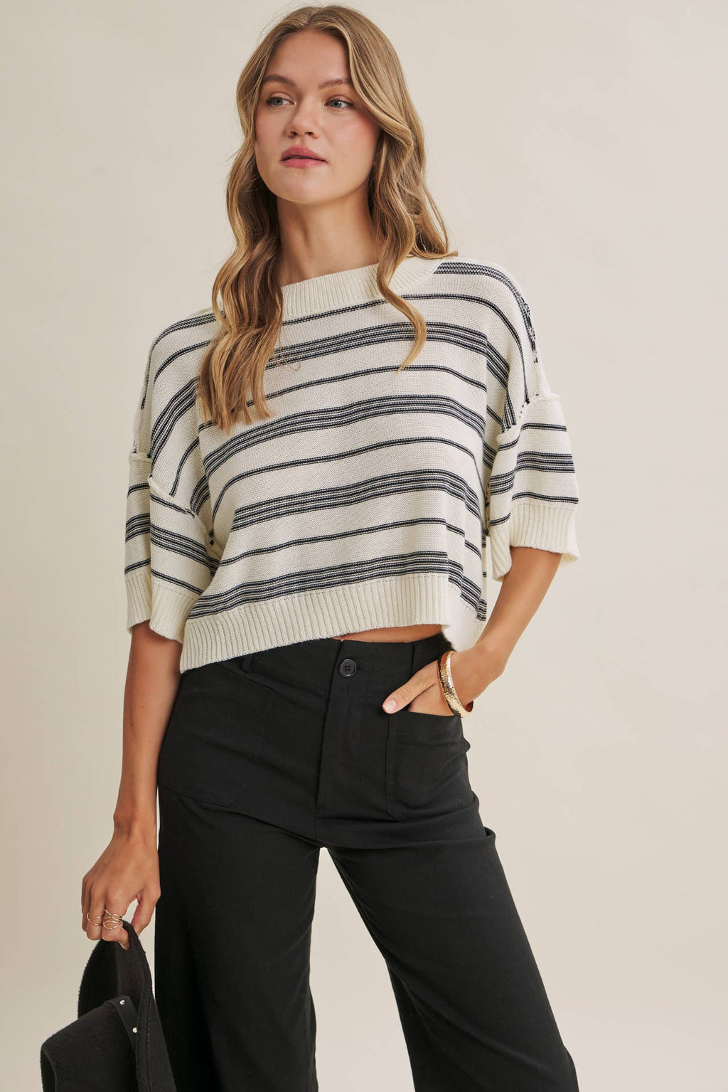 ESSENSE OF WEEKEND STRIPED LINEN COTTON BOXY SWEATER TOP