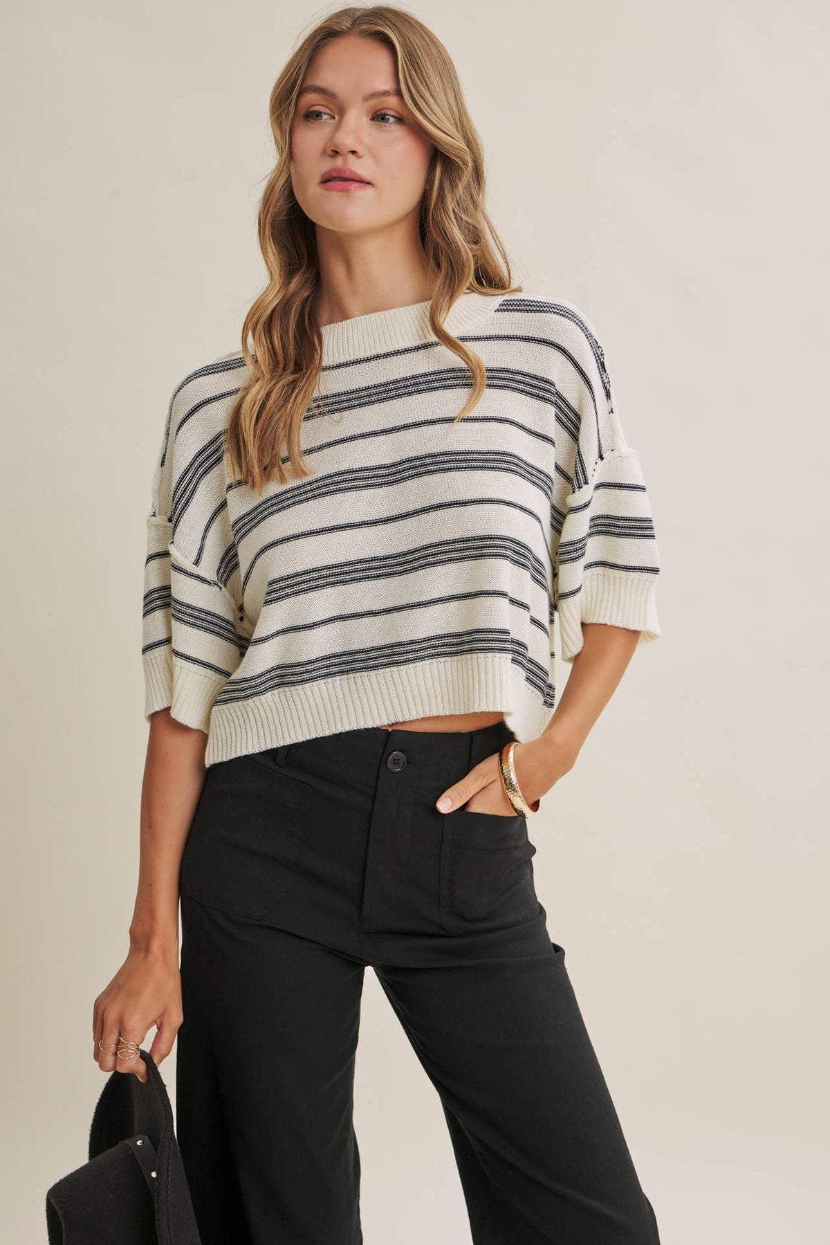 ESSENSE OF WEEKEND STRIPED LINEN COTTON BOXY SWEATER TOP