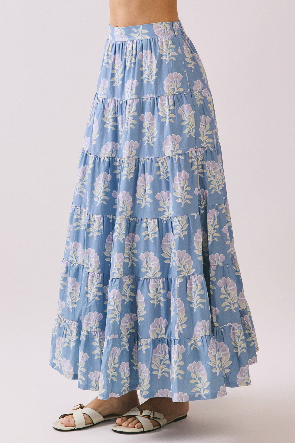 CS3891-Floral Print Multiple Tiers High Rise Maxi Skirt