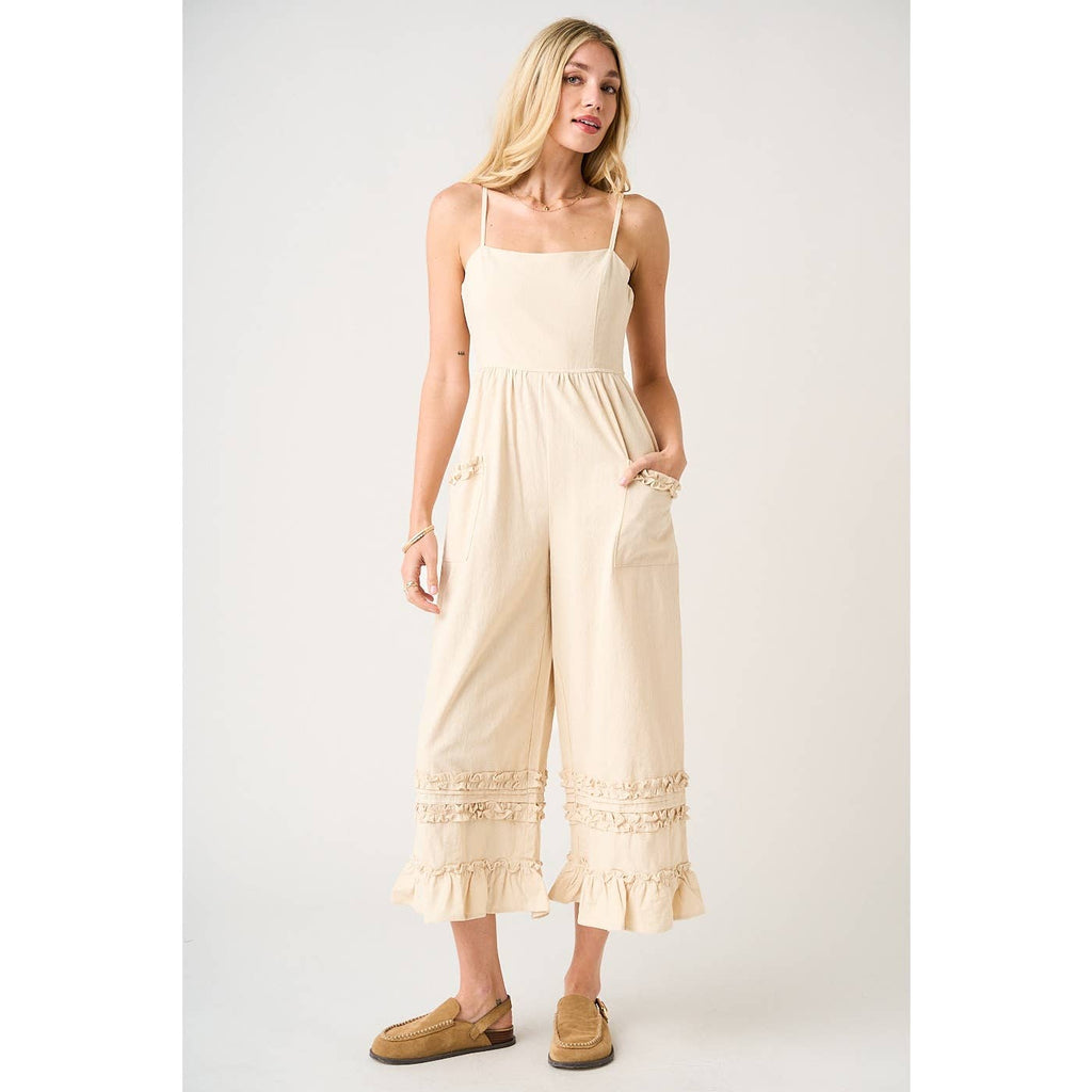 RUFFLE HEM WIDE LEG SLEEVELESS JUMPSUIT