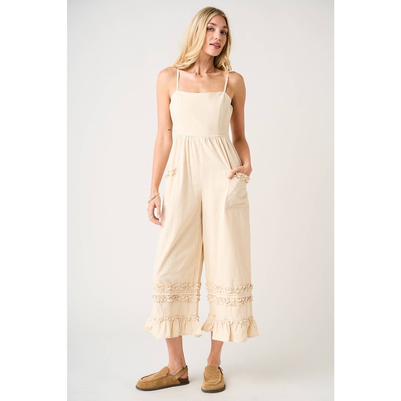 RUFFLE HEM WIDE LEG SLEEVELESS JUMPSUIT