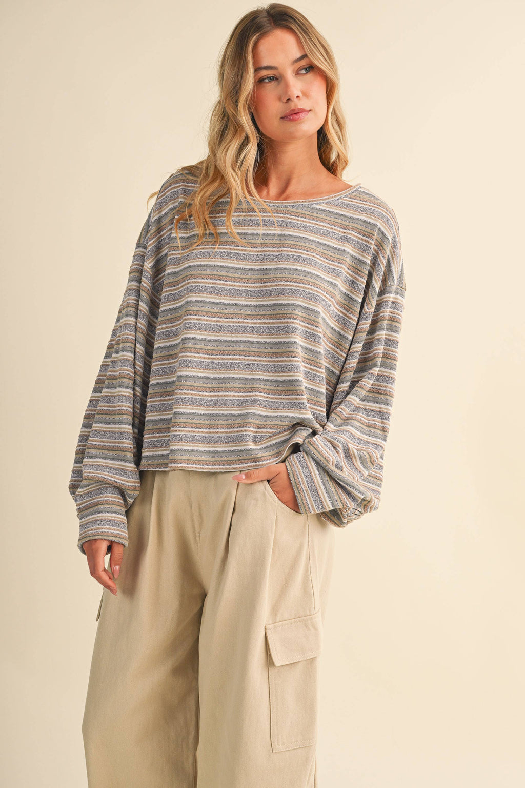 IT4769 MULTI STRIPED OVERSIZED CINCHED CUFF PULL OVER TOP