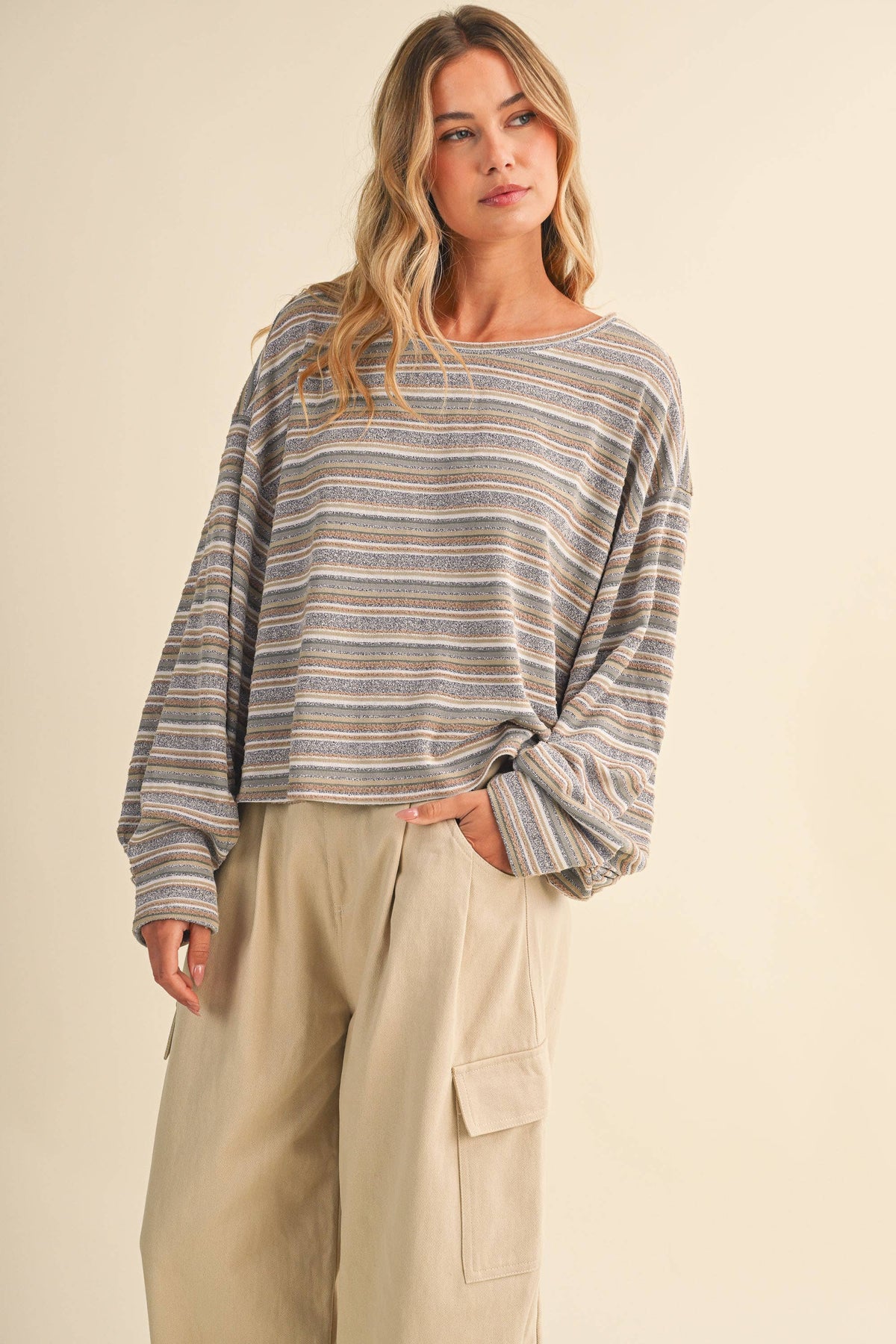 IT4769 MULTI STRIPED OVERSIZED CINCHED CUFF PULL OVER TOP