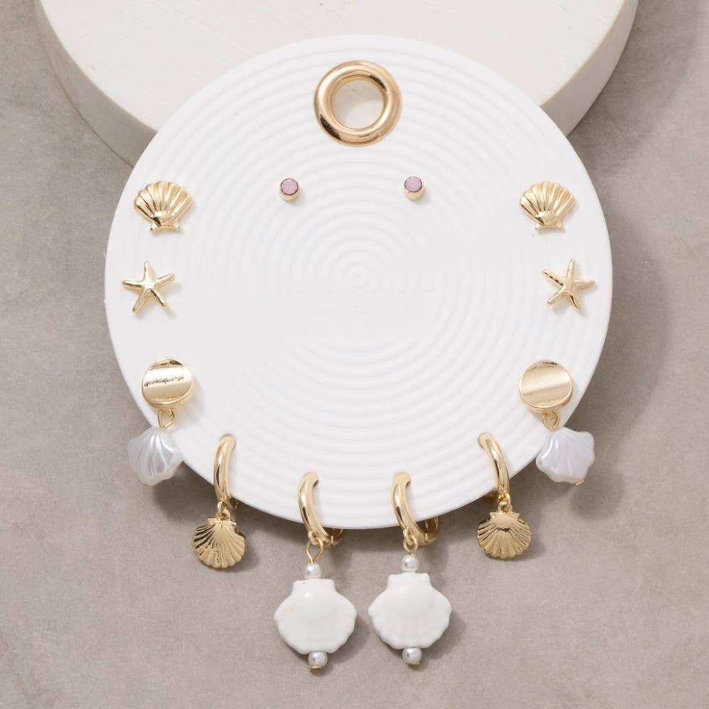 Gold Seashell Starfish Charm Earring Set