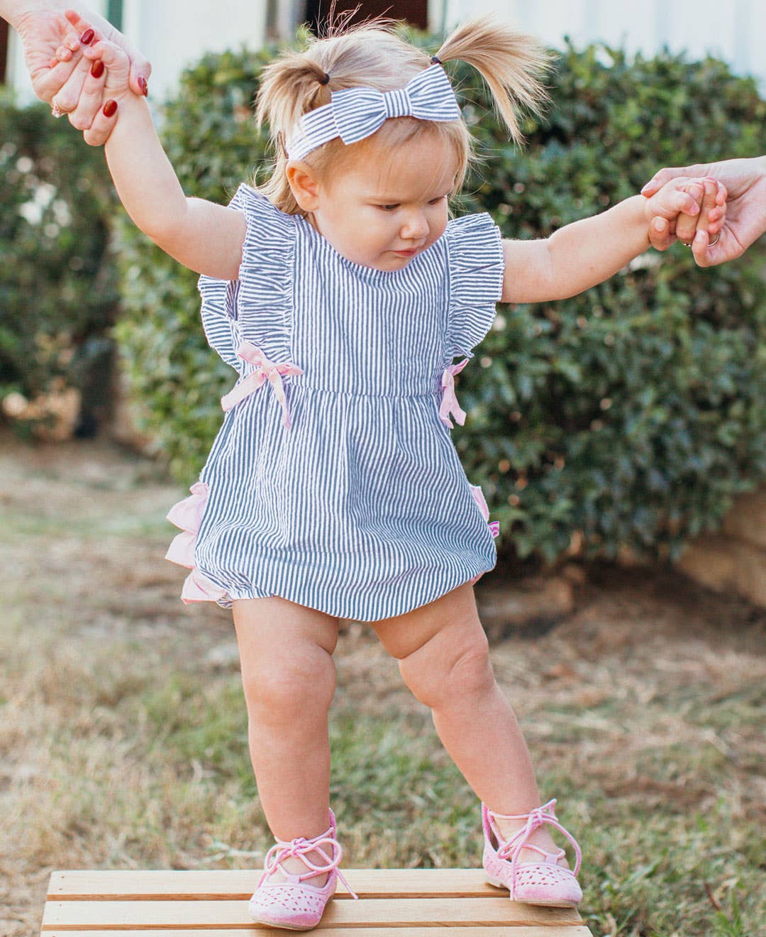 Baby Girls Blue Seersucker Classic Ruffle Bubble Romper