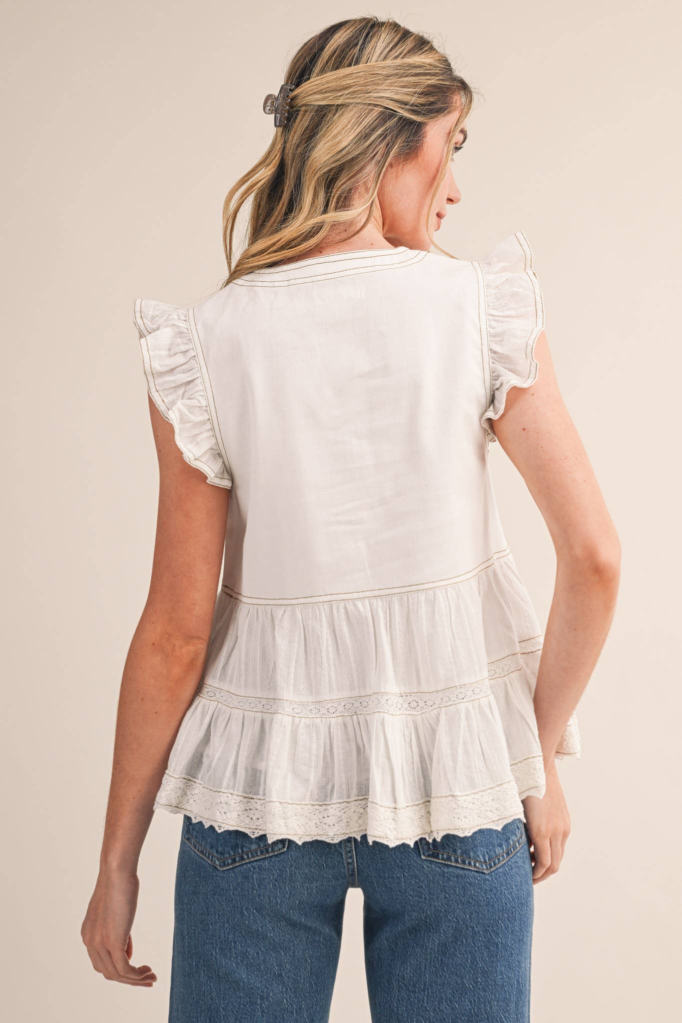 MIXED MEDIA CONTRAST STITCH LACE TRIM TOP MTP4599