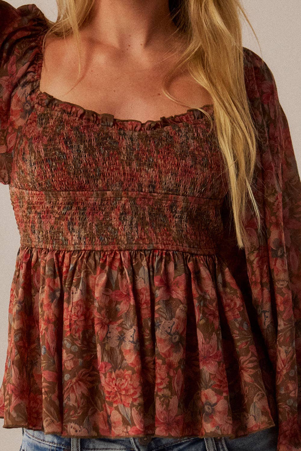 Floral-Print Sweetheart Smocked Peplum Peasant Top
