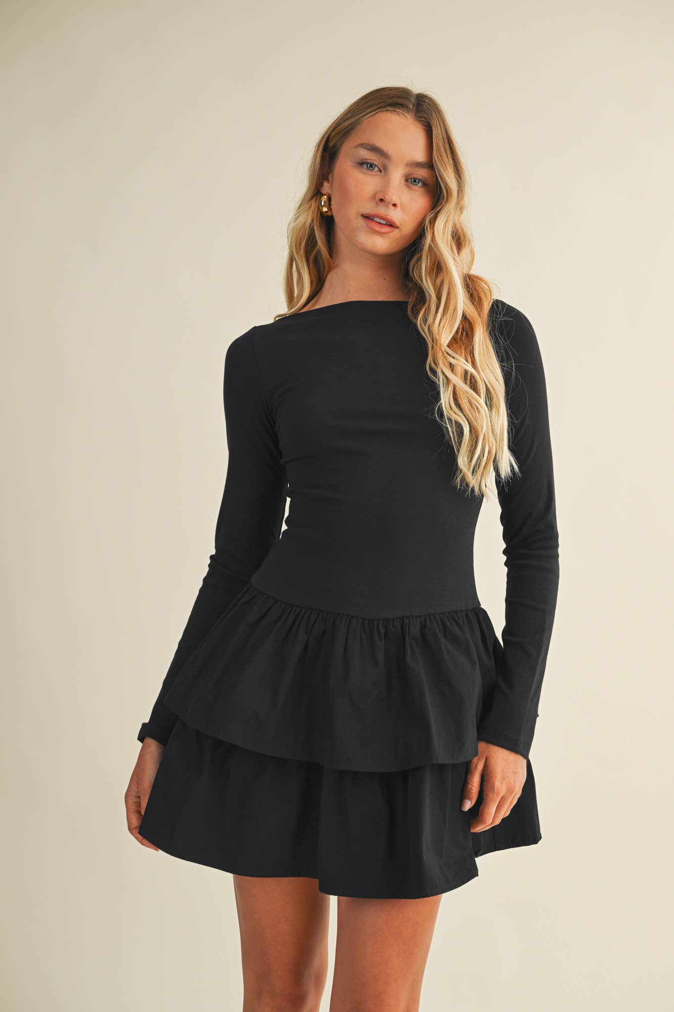BOAT NECK TIERED RUFFLE DRESS