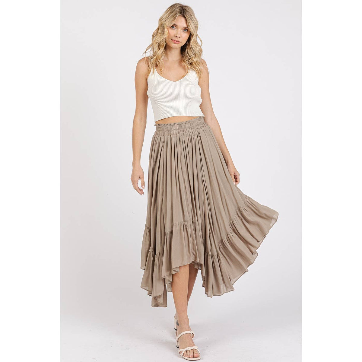 HANDKERCHIEF HEM ELASTIC WAIST POCKET MIDI SKIRT