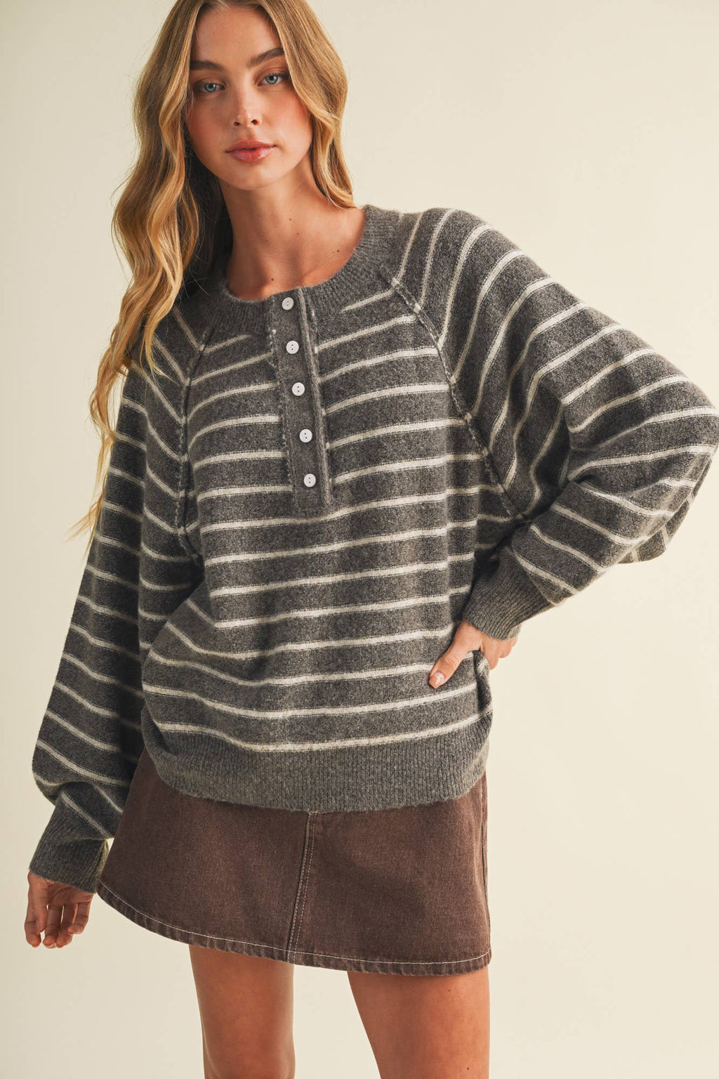 Button-Placket Stripe Knit Pullover