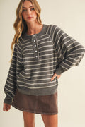 Button-Placket Stripe Knit Pullover