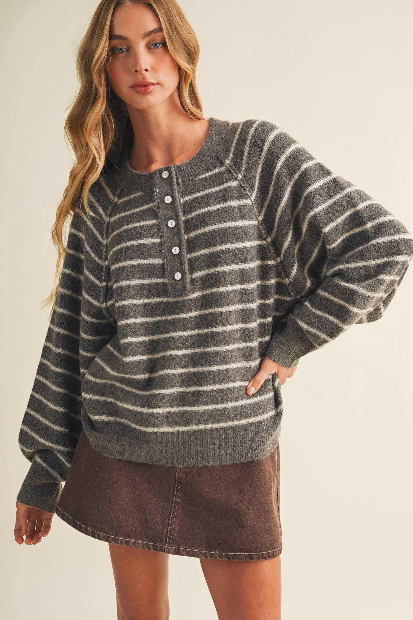 Button-Placket Stripe Knit Pullover