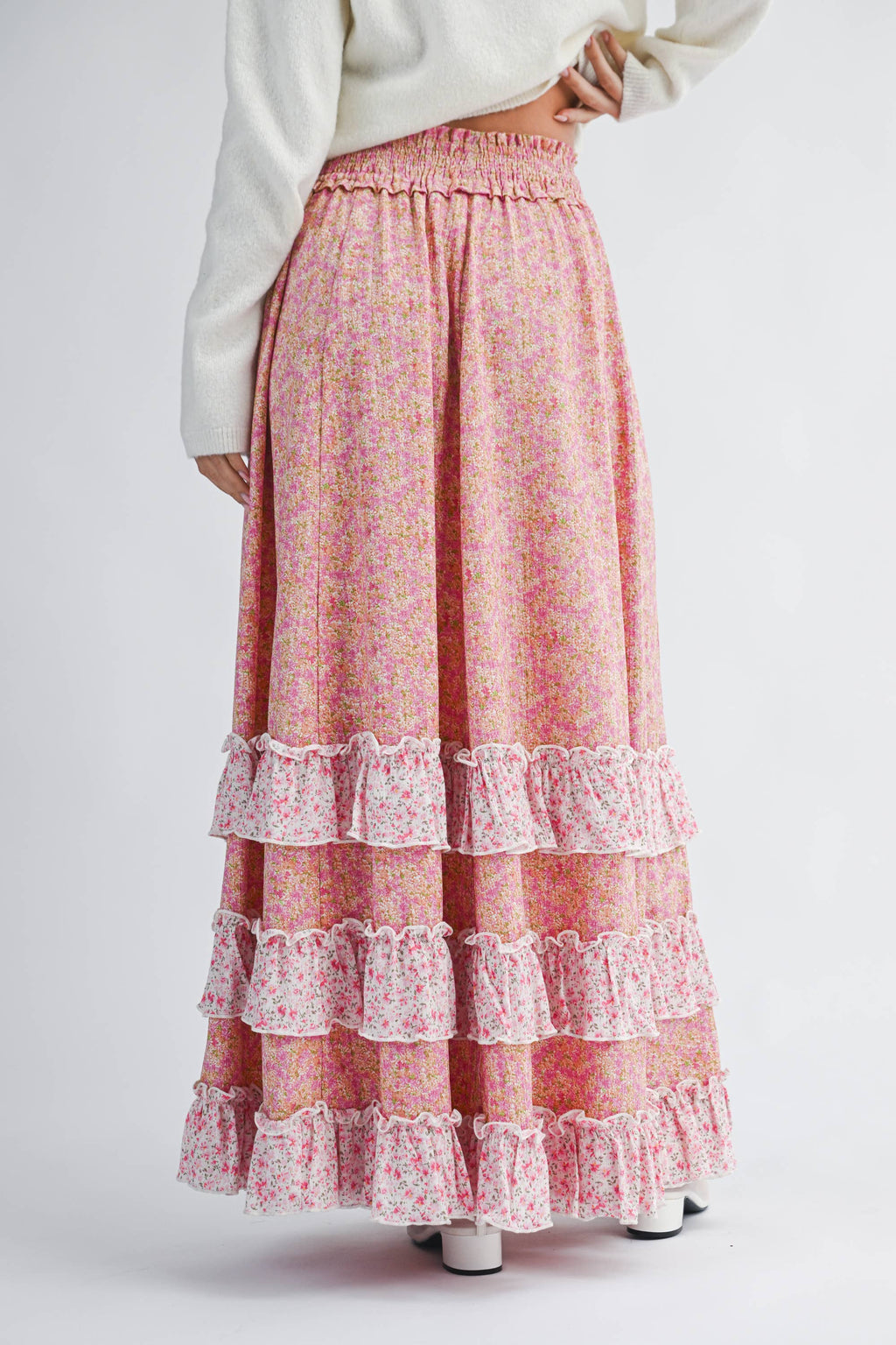 7150HK Floral Ruffle Maxi Skirt