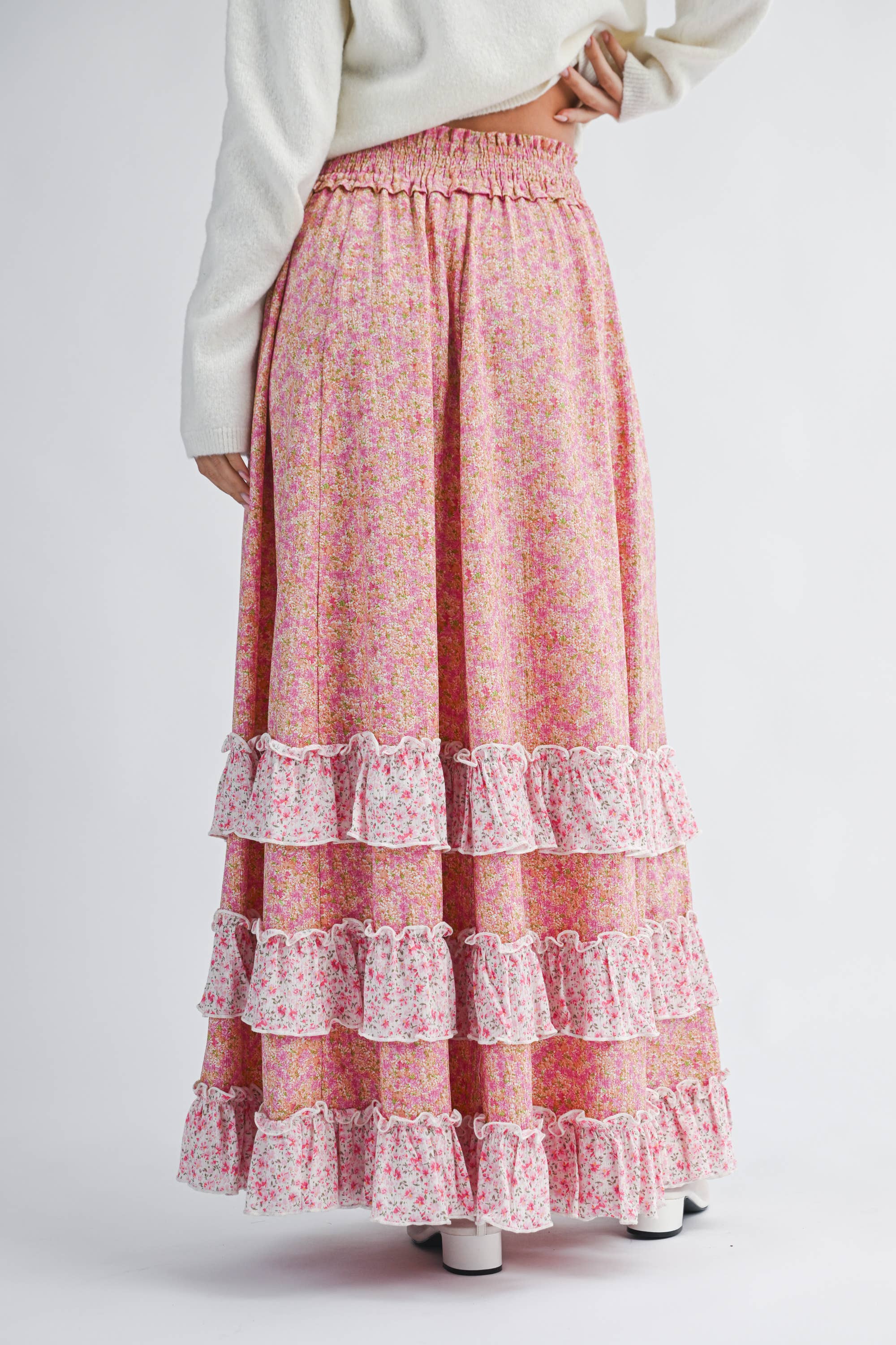7150HK Floral Ruffle Maxi Skirt