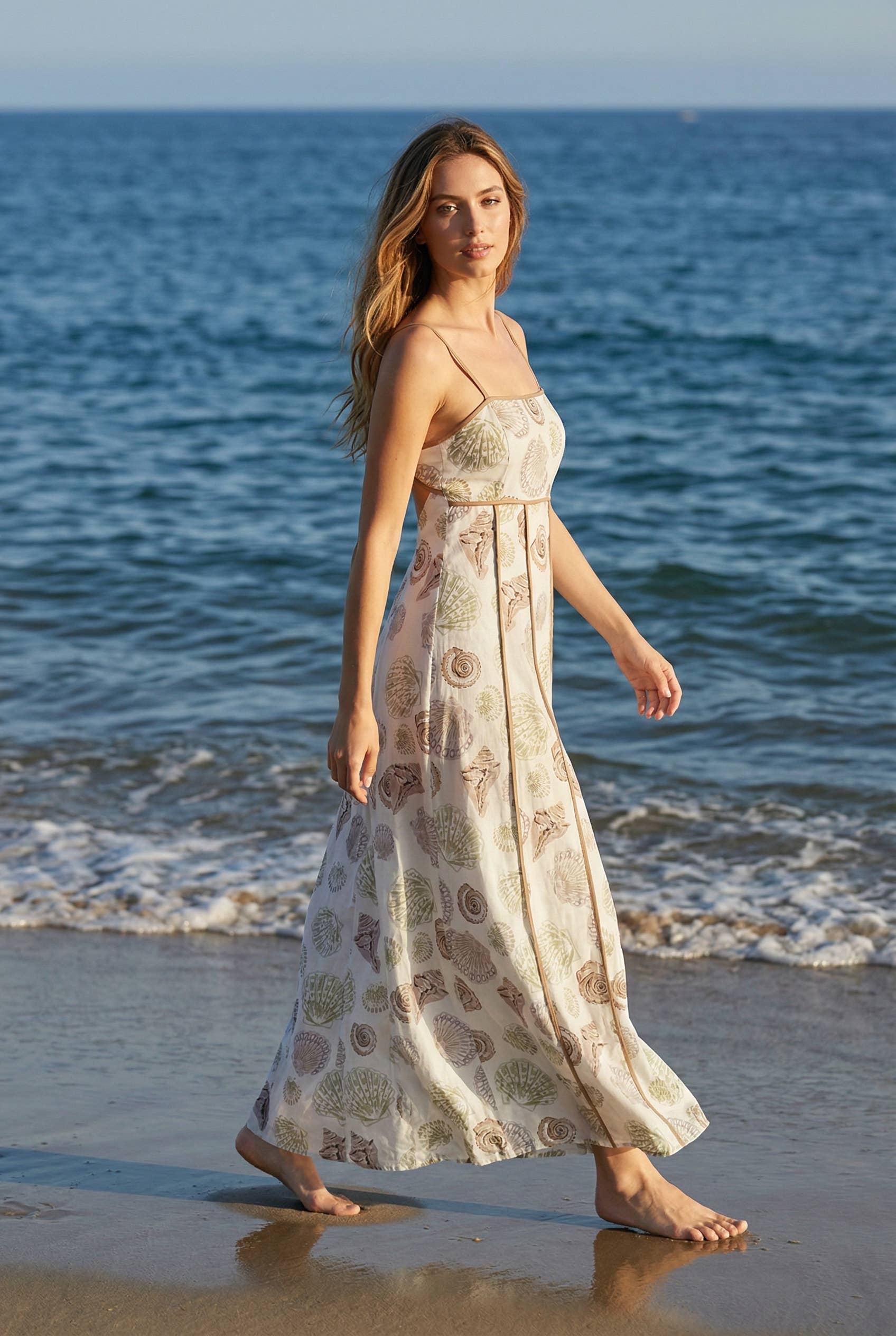 Fit and flare maxi dress made with seashell-print fabric