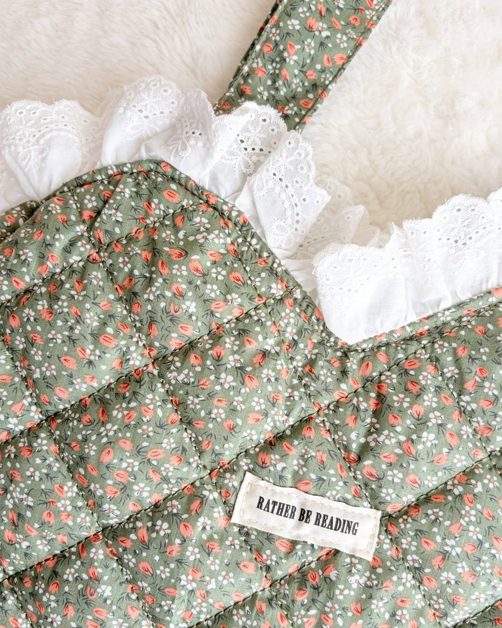 Rather Be Reading Green Quilted Heart Tote Bag with Ruffled Lace Trimming