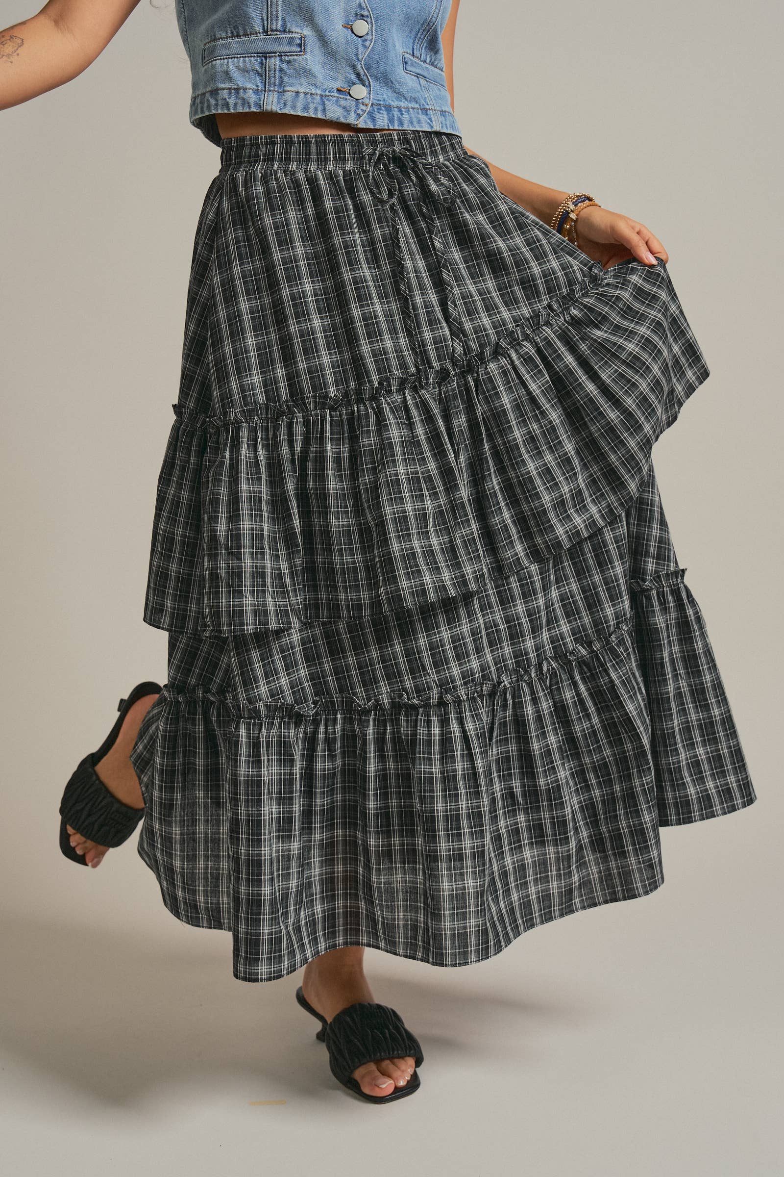 Plaid Tiered Ruffle Cotton Maxi Skirt