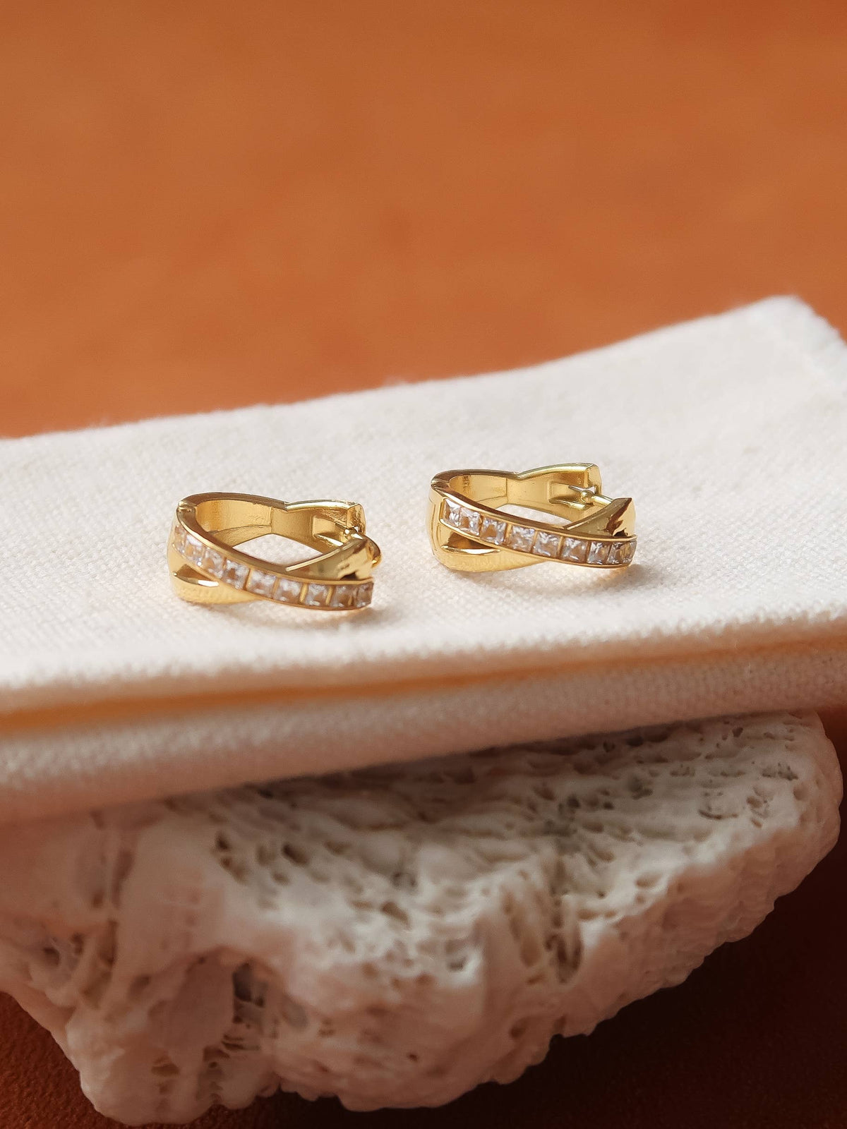 Maissac 18K Gold Non-Tarnish CZ Crossover Huggie Earrings
