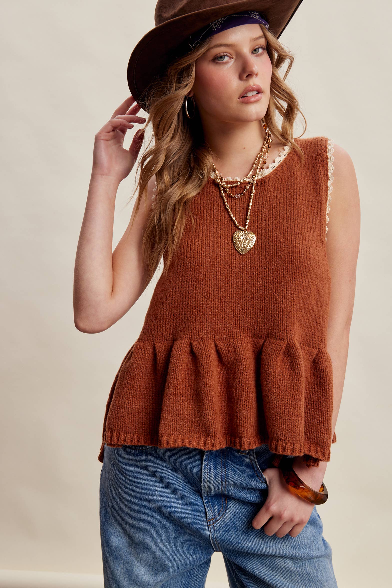 Lace Trim Side Tie Knit Peplum Top LSW1058