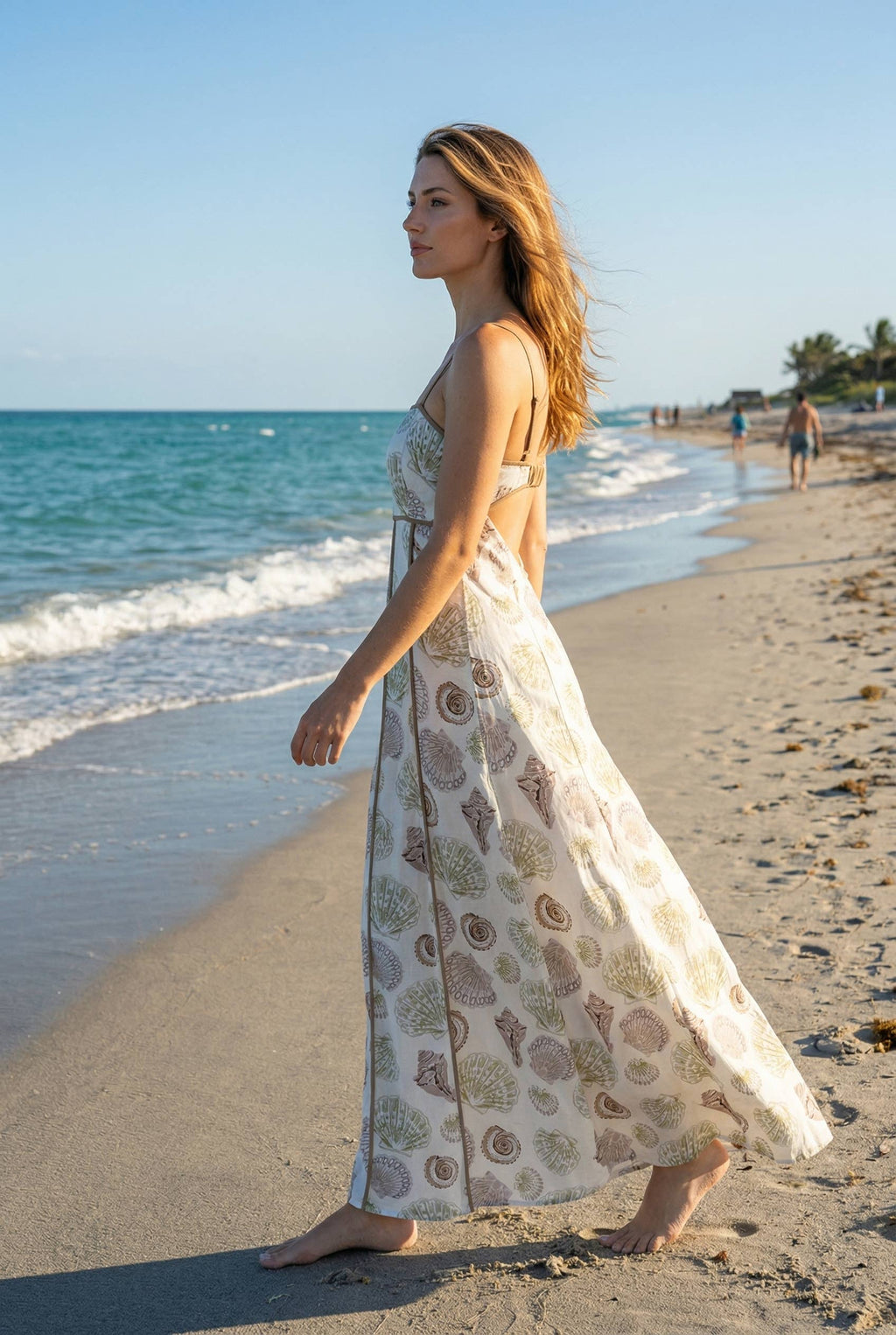 Fit and flare maxi dress made with seashell-print fabric