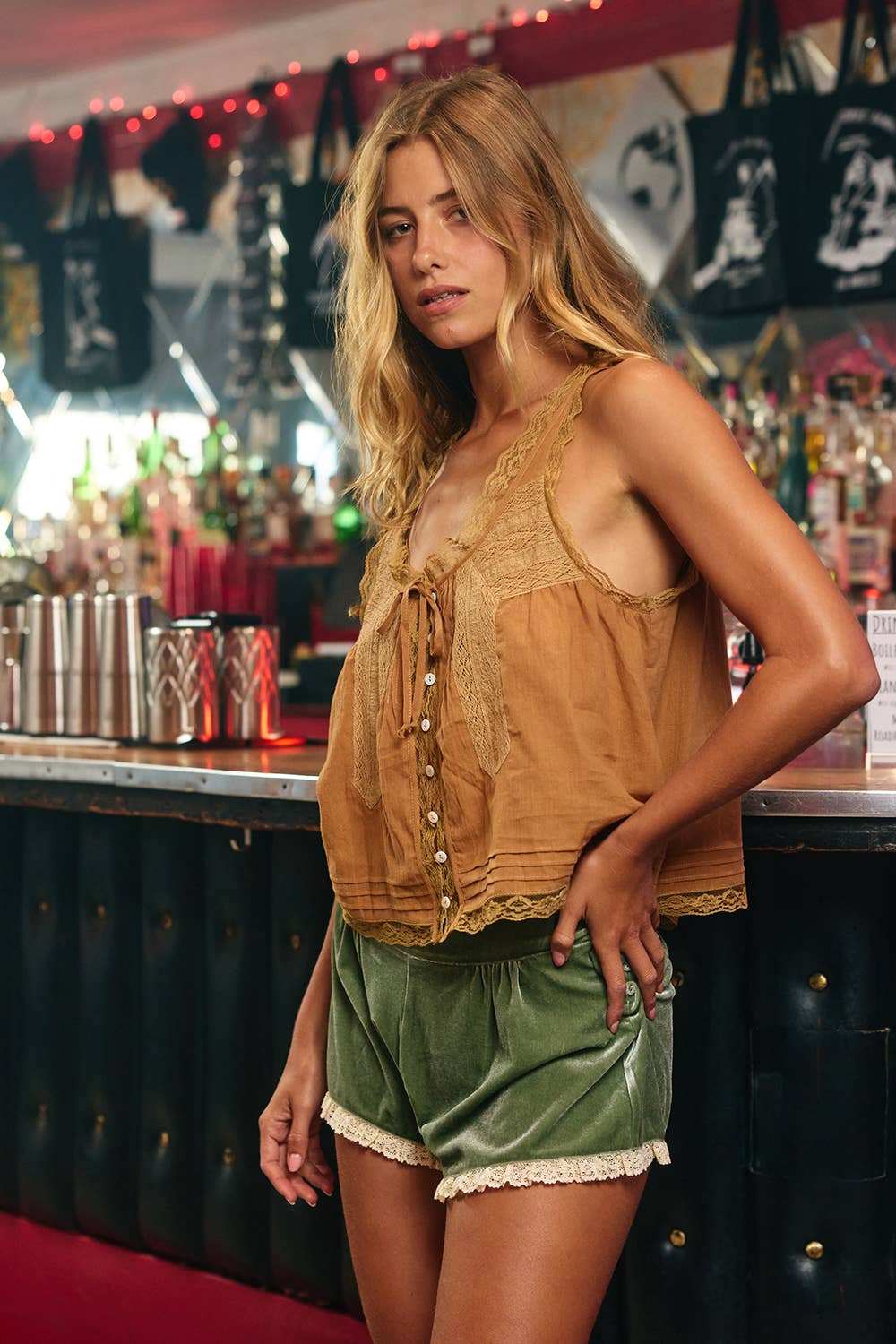 IT2442 | Bow Tie Front Lace Trimmed Tank Top