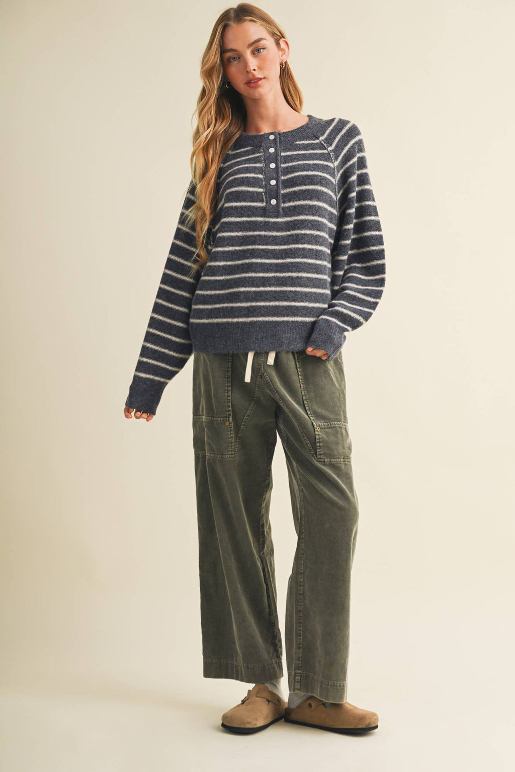 Button-Placket Stripe Knit Pullover