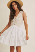 FRENCH PICNIC MIXED MEDIA COTTON CROCHET MINI DRESS