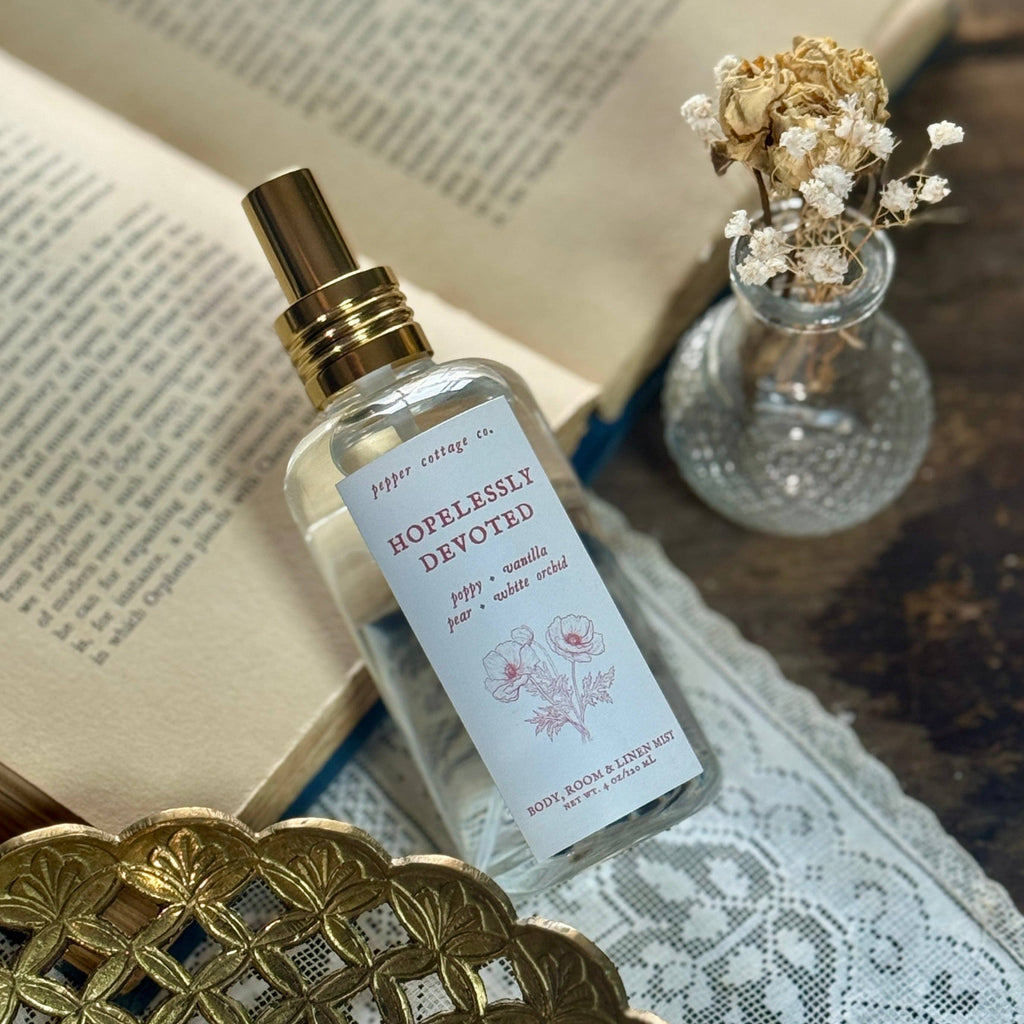 Hopelessly Devoted 4 oz Body, Room, and Linen Mist | Poppy, Pear, Orchid, Vanilla | Floral, Fruity Feminine Body & Room Mist