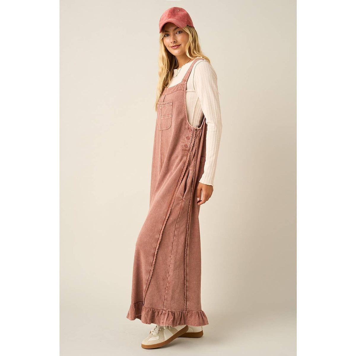 MINERAL WASHED RUFFLE HEM OVERALL JUMPSUIT