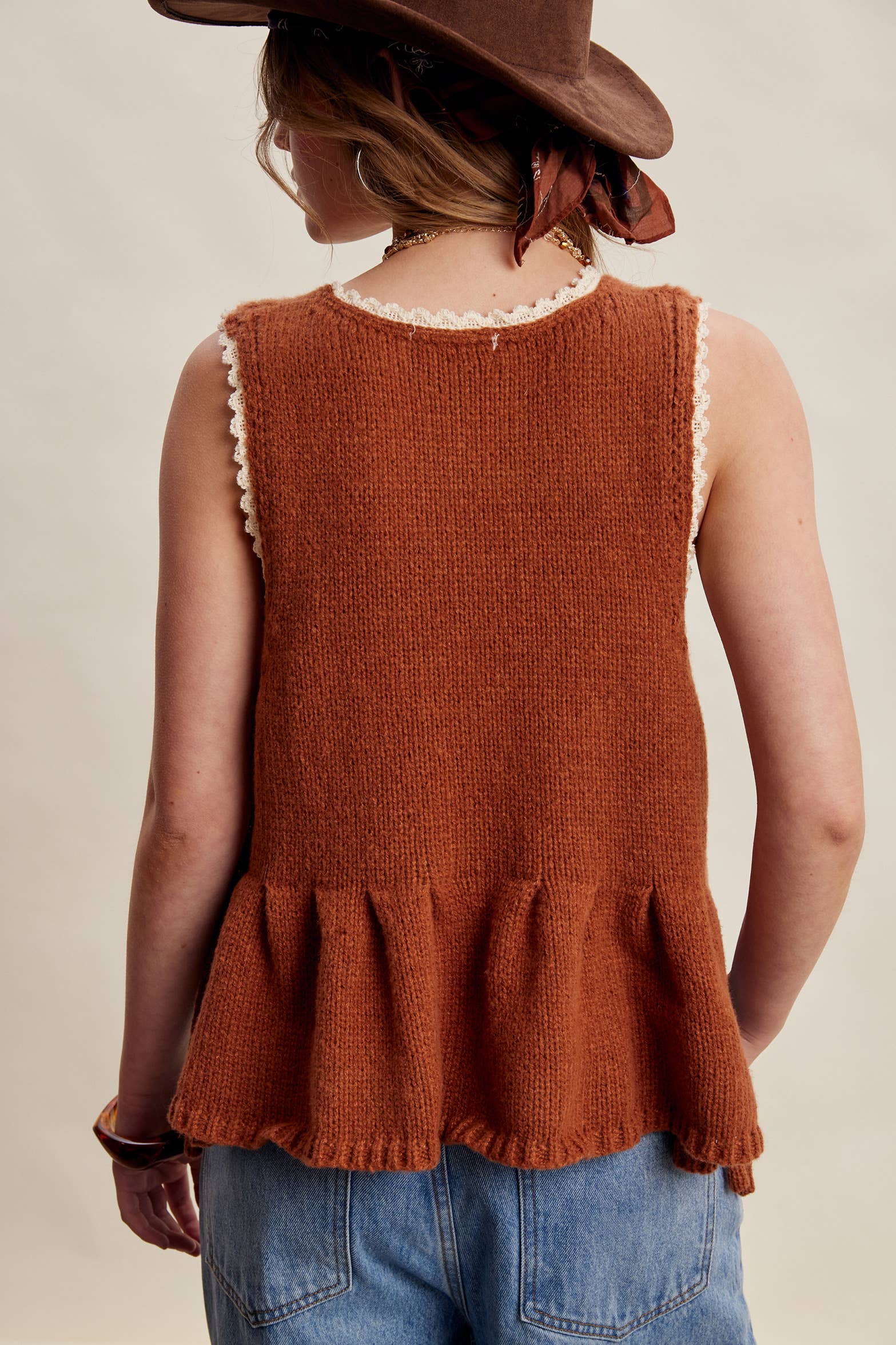 Lace Trim Side Tie Knit Peplum Top LSW1058