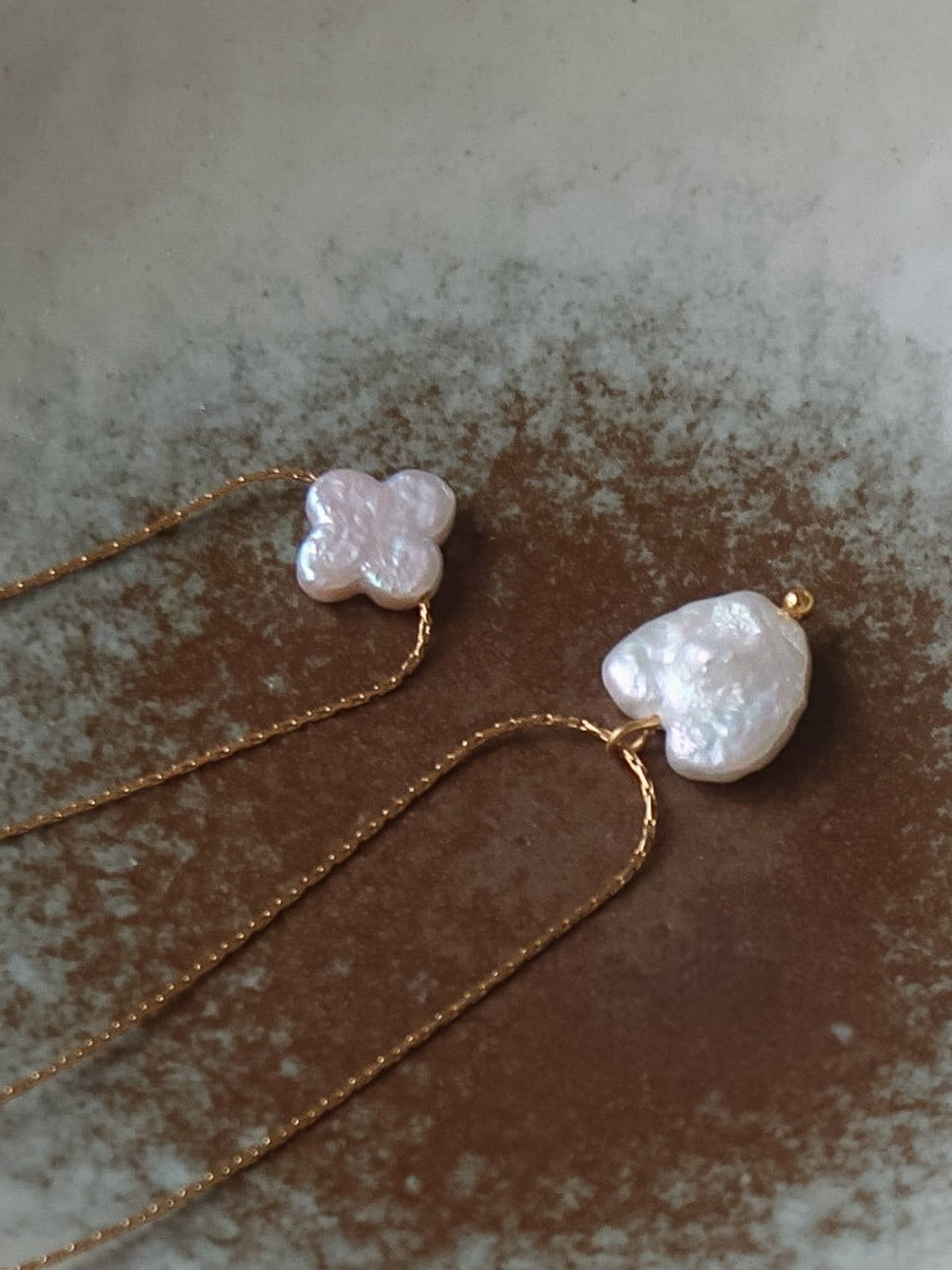 18K Gold Non-Tarnish Freshwater Pearl Clover, Heart Necklace