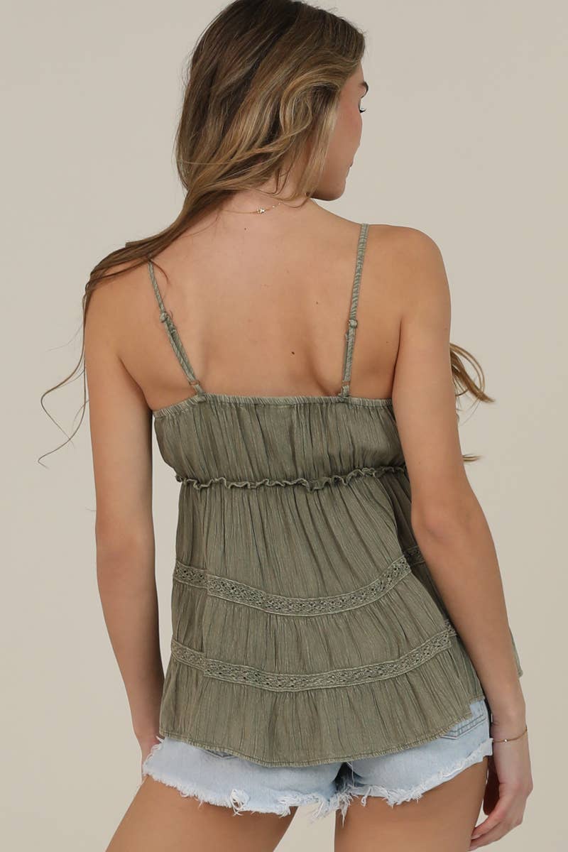 C2E35-ASIS ACID WASH LACE TRIM V NECK CAMI TANK TOP