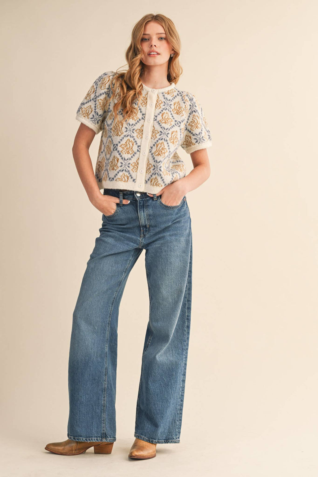 FLORAL SHORT SLEEVE SWEATER CARDIGAN MSW11258