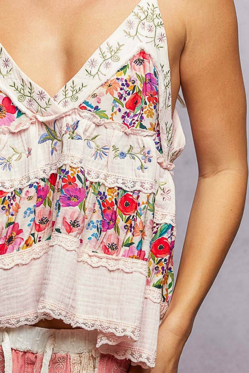 A-body Flared Fit Double Gauze Floral Embroidery Sleeveless