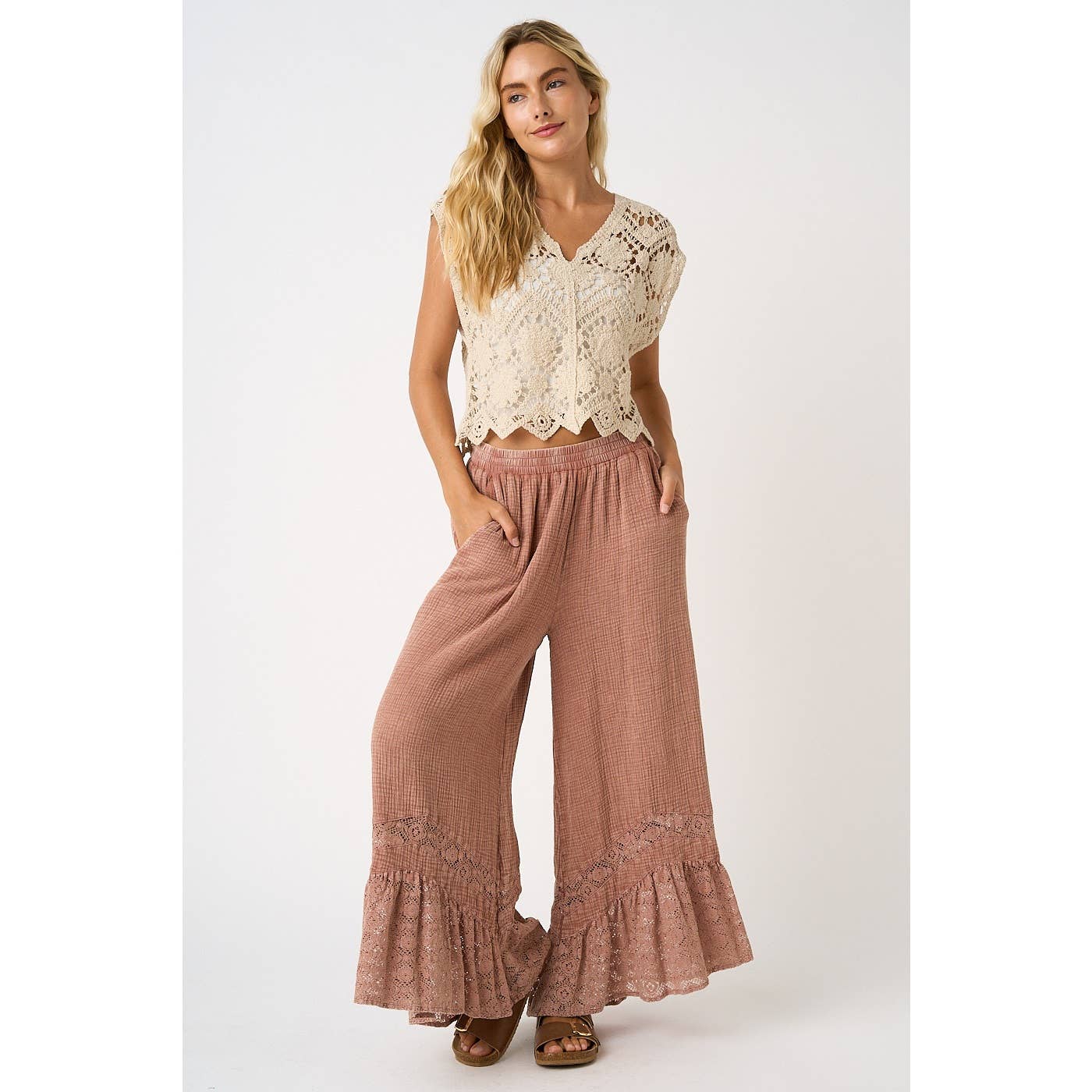 LACE RUFFLE HEM ELASTIC WAIST WIDE LEG PANTS
