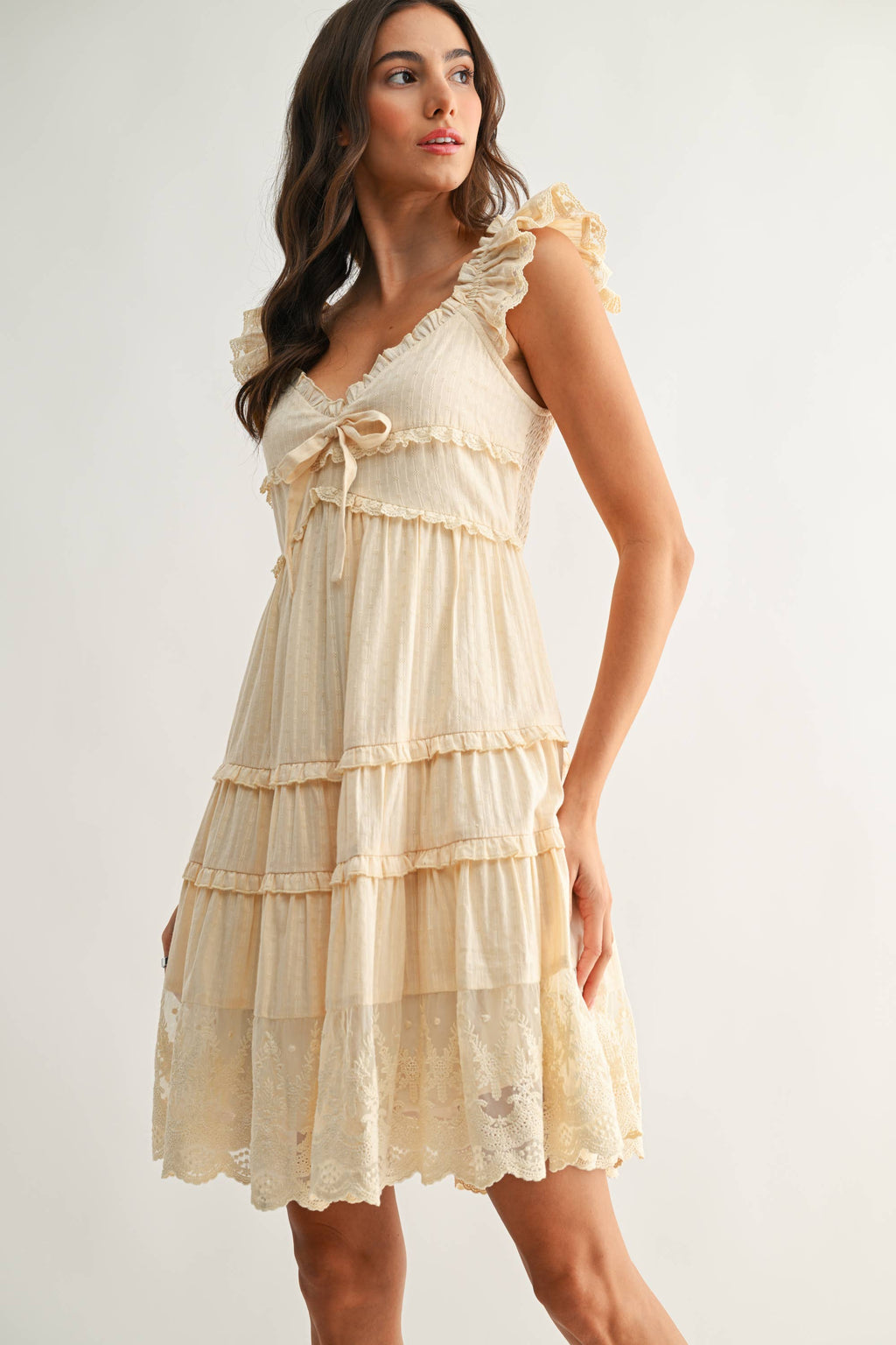 CED26915 Tiered Ruffle Lace Dress