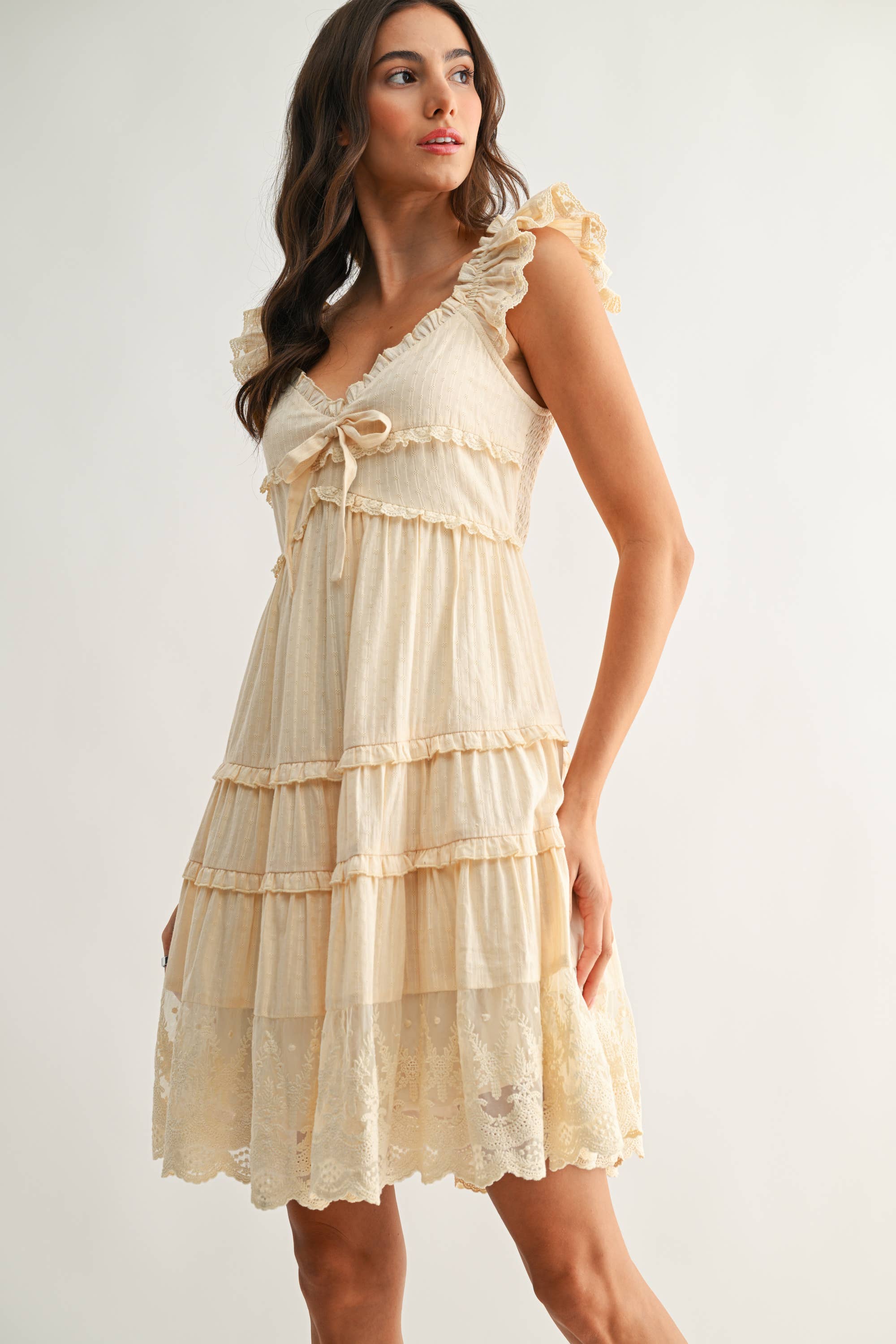 CED26915 Tiered Ruffle Lace Dress