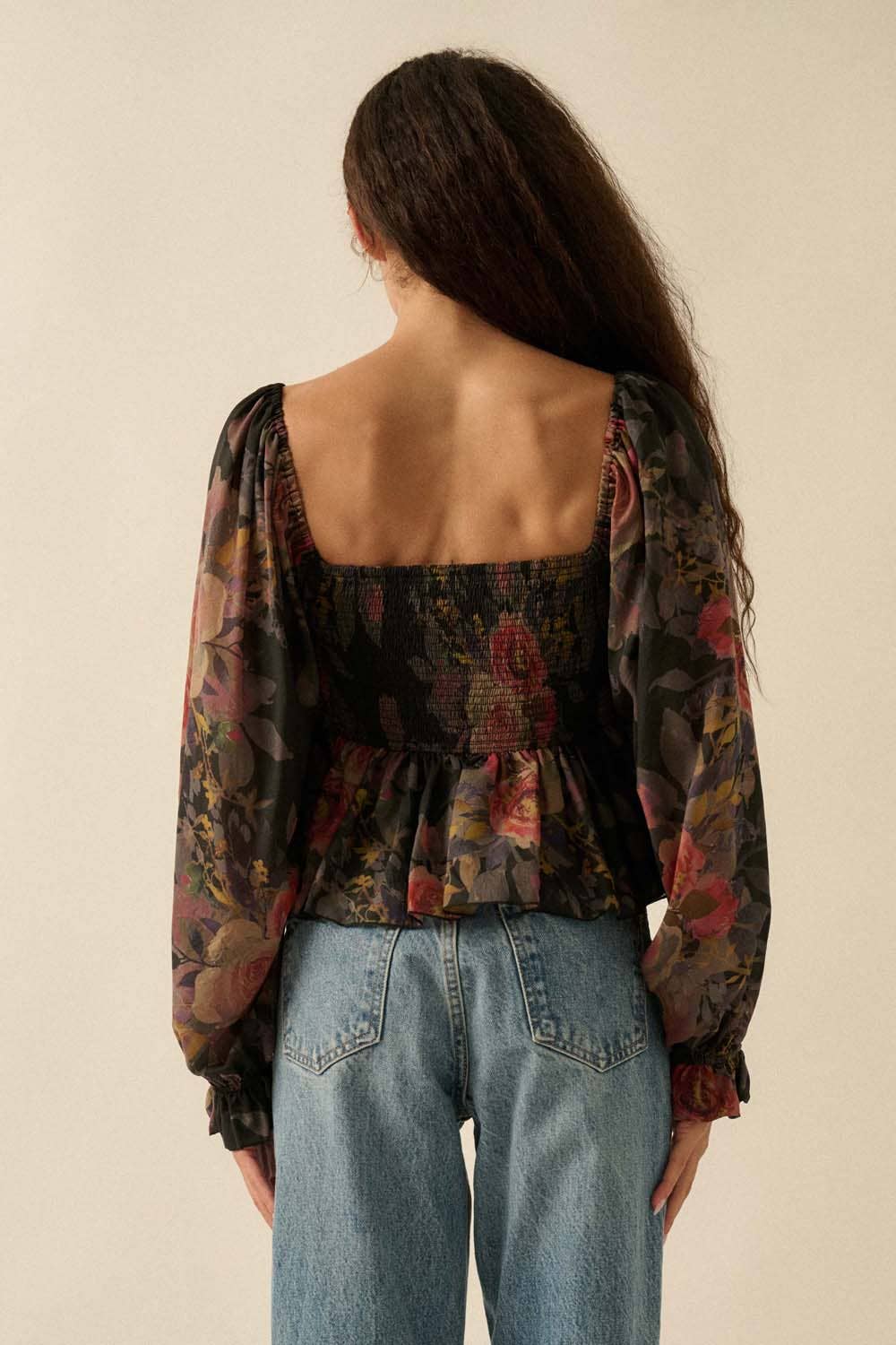 Floral-Print Smocked Sweetheart Peplum Peasant Top