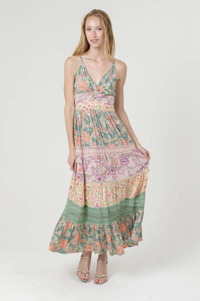 C4D77-WA34 MIXED PRINT LACE TRIM TWIST FRONT MAXI DRESS