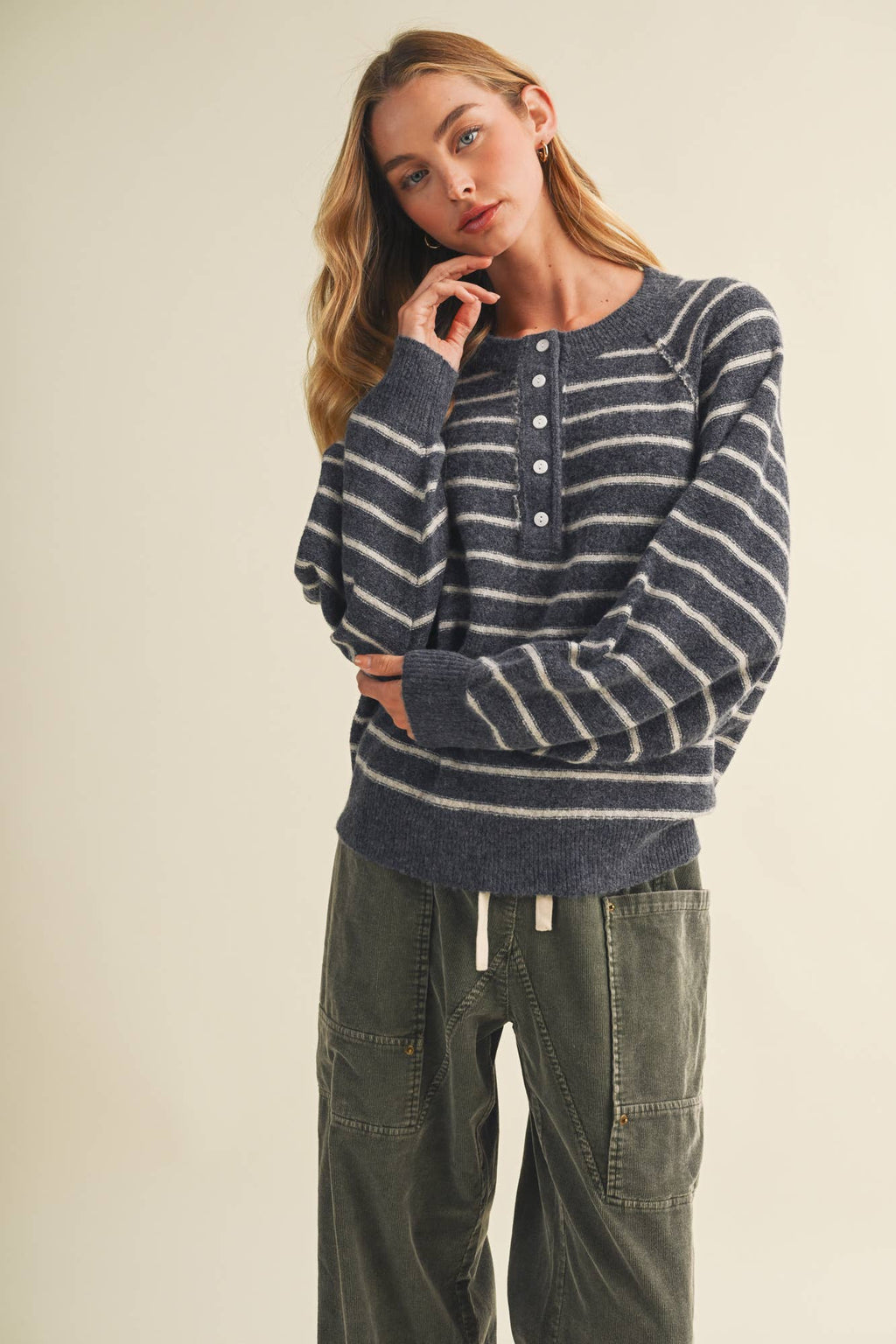 Button-Placket Stripe Knit Pullover