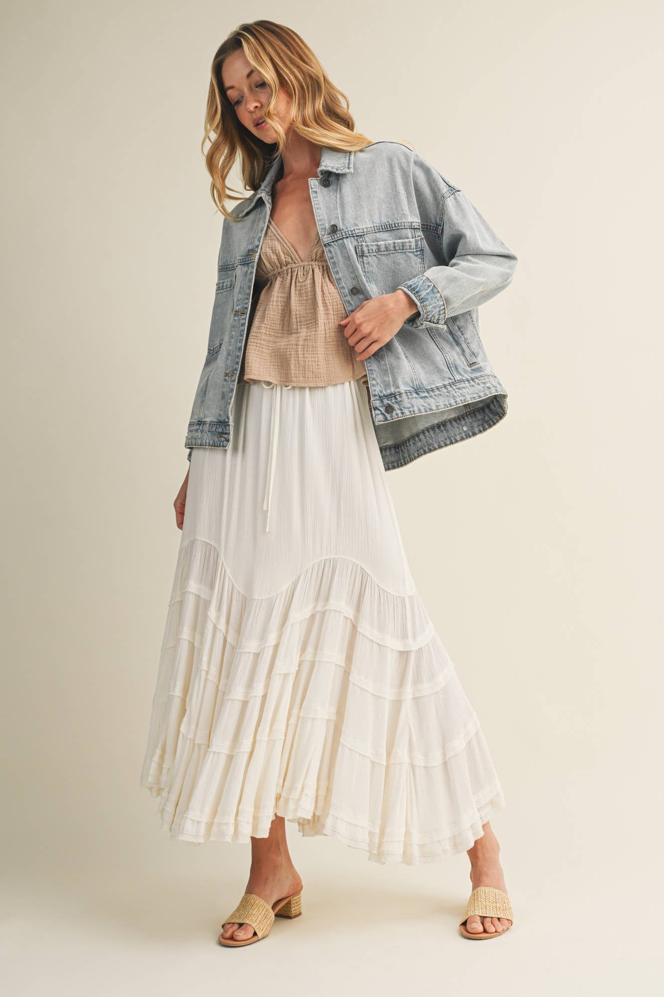 Cascading Tiers Lace Trim Maxi Skirt