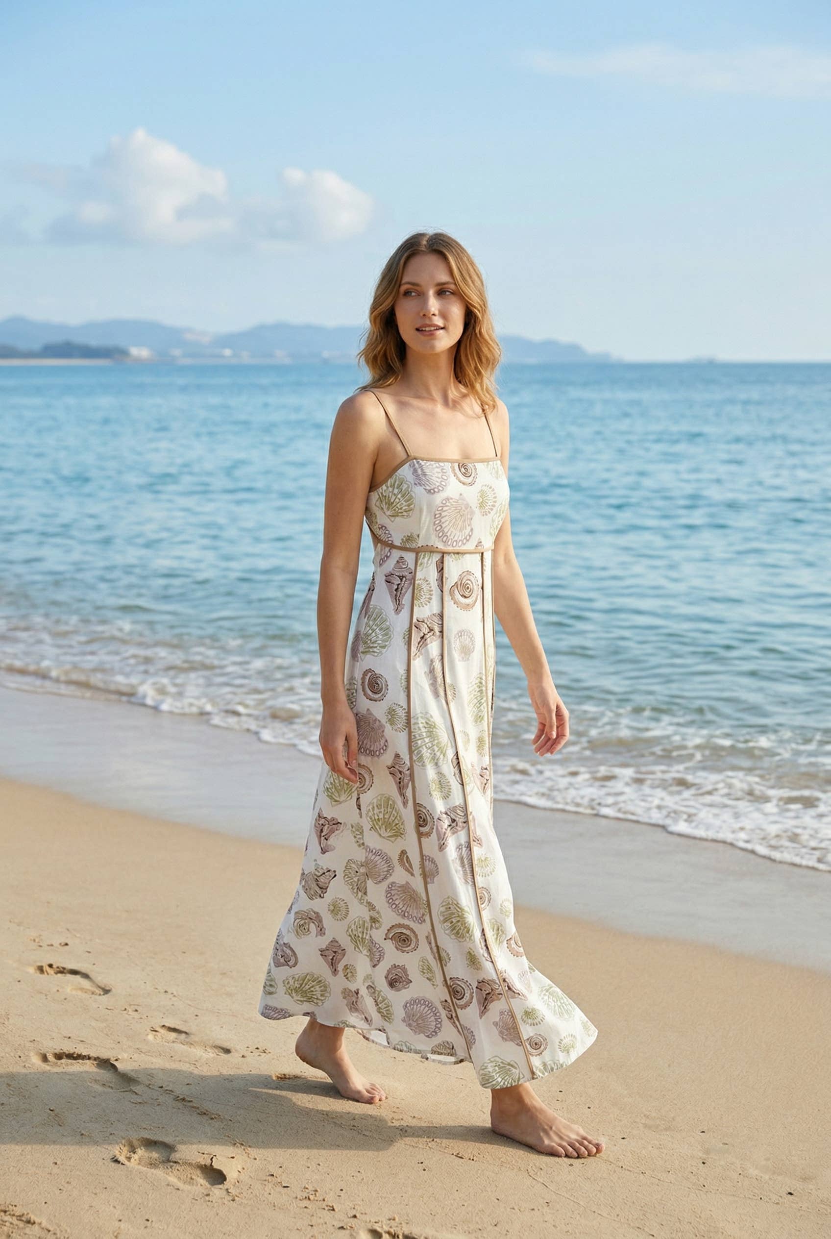 Fit and flare maxi dress made with seashell-print fabric